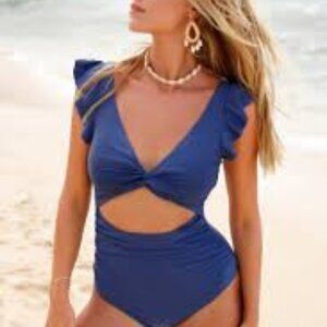 CUPSHE BLUE RUFFLE TRIM CUT OUT FRONT OPEN BACK ONE PIECE SWIMSUIT  SIZE LARGE